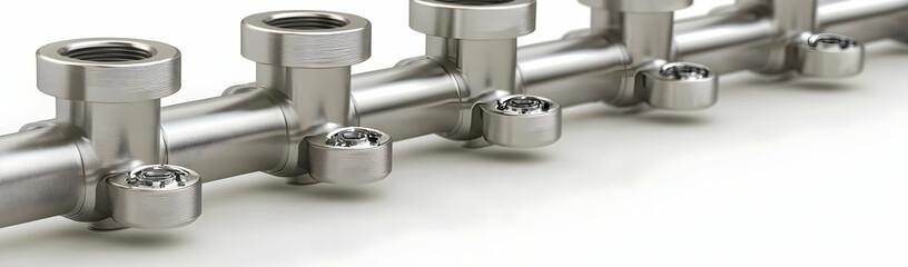 Poster - Steel manifold, multiple ports, white background, industrial