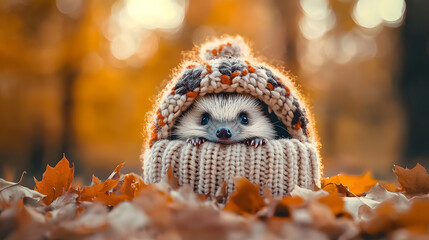 Canvas Print - Hedgehog sits in a knitted patterned children's hat, like in a house, surrounded by autumn leaves. Autumn background, web wallpaper