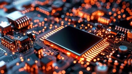 Poster - Futuristic Computer Microchip Circuit Board with Glowing Lights and Patterns