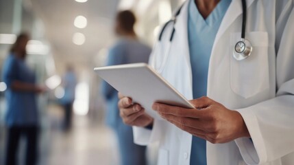Poster - Telehealth technology and digital healthcare innovation featuring doctor using tablet for medical software management, cardiology data analysis, and patient results update in a modern hospital workpla