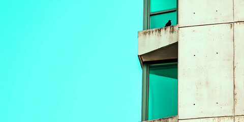 Poster - Bird on Balcony, Modern Building, Blue Sky
