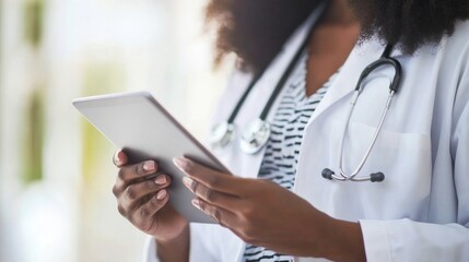 Poster - Telehealth technology and digital healthcare innovation featuring doctor using tablet for medical software management, cardiology data analysis, and patient results update in a modern hospital workpla