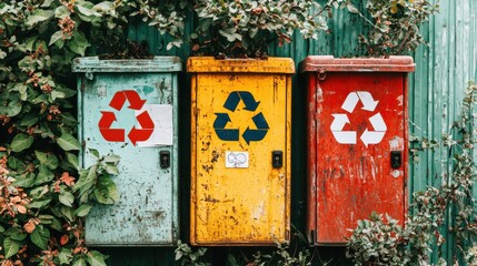 Poster - Vintage Recycling Bins in an Overgrown Urban Alley Highlighting Environmental Sustainability