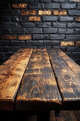 Poster - A simple wooden table placed before a brick wall, perfect for use as a decorative element or a photography prop
