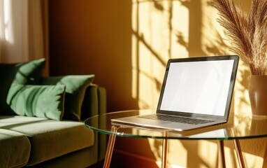 Wall Mural - A realistic photo of a modern laptop with a blank screen sitting on a glass table, placed in front of a muted olive green sofa. 