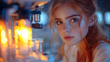 Poster - Ambitious Young Woman Scientist Stares into Glowing Futuristic Microscope Reflection Showcases Her Passion for Discovery