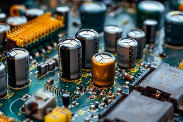 Poster - Closeup of capacitors and resistors populating surface of circuit board