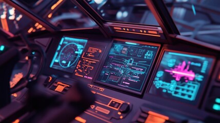 Poster - Futuristic Spaceship Cockpit: Neon Lights Illuminate Advanced Controls