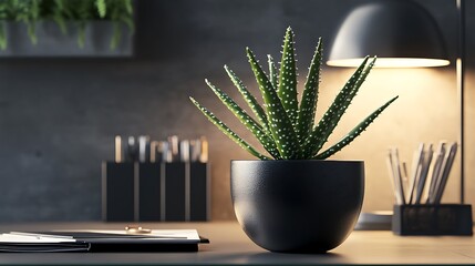 Poster - Potted succulent plant on a modern desk with stationery and lamp.