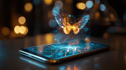 Poster - Ethereal Butterfly Hologram Projection on Futuristic Smartphone Display