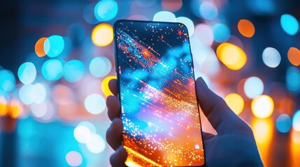 Poster - Hand Holding Illuminated Smartphone in Vibrant Cityscape at Night