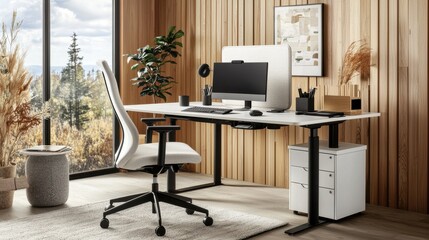 Poster - Cozy Home Office with Wooden Desk and Computer Setup Overlooking a Scenic Landscape