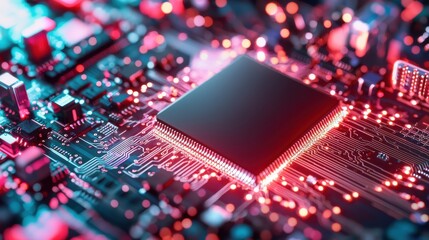 Poster - Futuristic Microchip on a Colorful Circuit Board Background