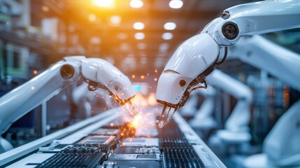 Poster - Robotic arms working in a high tech industrial factory showcasing advanced automation and engineering innovation