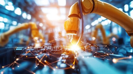 Poster - Robotic arm welding metal parts in modern factory automation