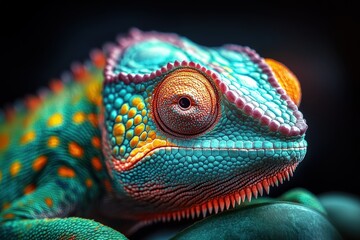 Poster - vibrant close-up of a chameleon with stunning green and blue colors showcasing unique skin texture a