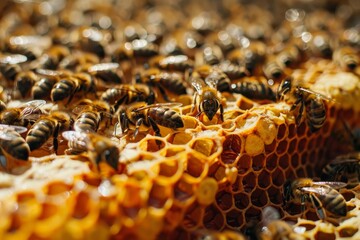 Poster - Honey bees working on honeycomb full of fresh honey in apiary