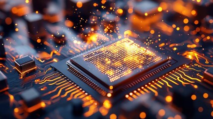 Poster - Glowing Microchip Circuit on Dark Futuristic Background