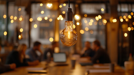 Wall Mural - warm light bulb hangs in modern office, illuminating collaborative meeting space filled with people engaged in discussion. ambiance is inviting and creative