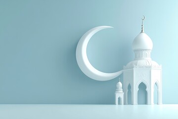 Wall Mural - 3D render of a simple white Ramadan Kareem background with a lantern and crescent moon, in white color isolated on a grey background, in a minimalistic style,