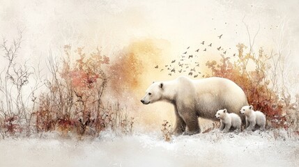 Wall Mural - A serene illustration of a polar bear and her two cubs walking through a softly colored, wintery landscape with gentle hues of orange and brown.