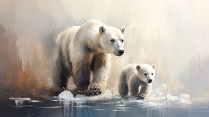 Sticker - Two polar bears, an adult and a cub, walk together on icy terrain, showcasing a serene and beautiful Arctic landscape.