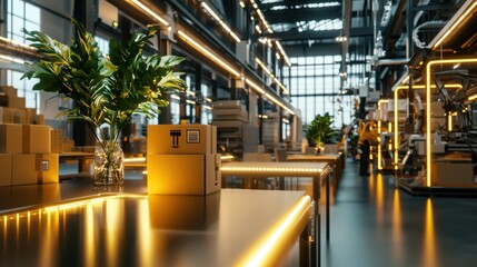 Poster - Efficient industrial warehouse with shelves and cargo boxes in modern interior