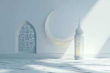 Wall Mural - 3D render of a simple white Ramadan Kareem background with a lantern and crescent moon, in white color isolated on a grey background, in a minimalistic style,