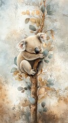 Wall Mural - A serene koala peacefully sleeping on a tree branch, surrounded by soft colors and gentle foliage.