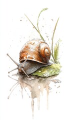 Wall Mural - A detailed illustration of a snail resting on a green leaf, showcasing its intricate shell and the delicate textures of nature.