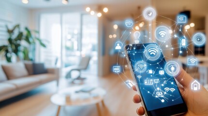 Poster - Smartphone with abstract digital network interface icons