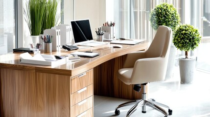 Poster - Cozy and Organized Minimalist Home Office Workspace with Wooden Desk and Laptop Computer