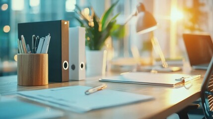 Poster - Organized Workspace with Laptop and Office Supplies on Wooden Desk