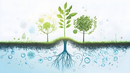 Aufkleber - Illustrative Concept of Nature, Trees, Roots, Water, Growth, and Ecosystem Interactions Emphasizing Environmental Sustainability and Balance in Natural Systems