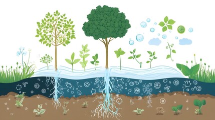 Poster - Detailed Illustration of Plant Growth Stages Underwater and Above Ground with Roots, Leaves, and Soil Layers Depicting Ecosystem Development