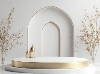 Wall Mural - 3D rendering of a podium product with a Ramadan Islamic concept, on a white background with copy space for text and a golden mosque, in a minimal