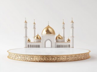 Wall Mural - 3D rendering of a podium product with a Ramadan Islamic concept, on a white background with copy space for text and a golden mosque, in a minimal