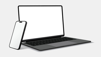 Poster - Smartphone and Laptop Computer Mockup in Perspective Side View, Isolated on White Background - Vector Illustration