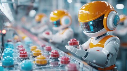 Poster - Robotic Arm Manipulates Colorful Parts on Factory Assembly Line