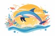 dolphin jumping out of the sea with sky view background. whimsical, sublimation design illustration 