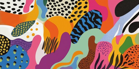 Poster - A colorful abstract painting with a lot of different shapes and patterns. The painting is full of bright colors and has a lot of detail. It seems to be a representation of the chaos