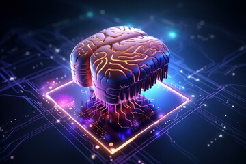 Poster - Metallic brain connected to a circuit board, symbolizing artificial intelligence and future technologies