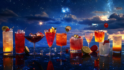 Wall Mural - a dynamic cocktail arrangement beneath a starlit sky creates an energetic and lively atmosphere, per
