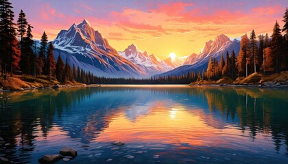 Poster - Painting, A breathtaking sunrise over a serene lake, reflecting majestic mountains, captured in high fidelity.