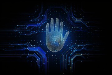 Fototapete - Glowing digital hand emerging from an abstract technological circuit board, symbolizing artificial intelligence and technological advancement