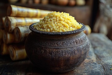 Wall Mural - A wooden bowl filled with yellow rice sits on a table, perfect for food photography or still life compositions