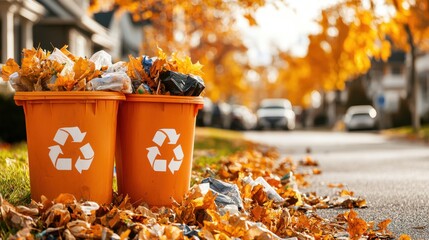 Poster - Recycling bins filled with autumn leaves on a city street lined with trees