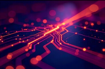 Poster - Abstract neon tech background with glowing chip lines