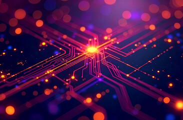 Poster - Abstract neon tech background with glowing chip lines