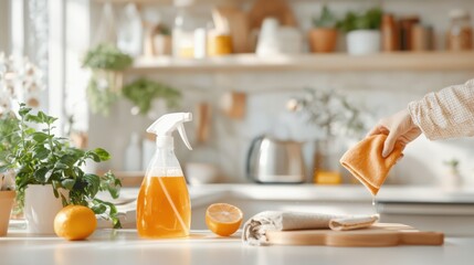 Wall Mural - Bright and Minimalist Kitchen Interior with Citrus Fruits and Herbs on Wooden Shelves